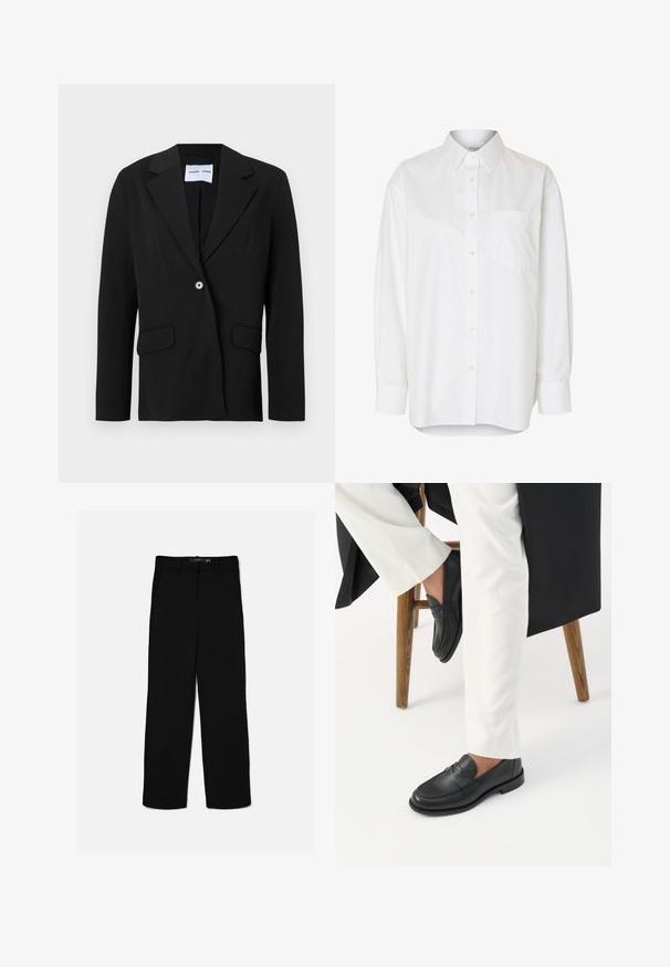 Zwarte enkelknopsblazer met inkeping reverskraag en klepzakken, getoond op een witte achtergrond.; Wit overhemd met lange mouwen, knopen, puntige kraag en borstzak, getoond tegen een effen achtergrond.; Zwarte broek met rechte pijpen, riemlussen, ritssluiting aan de voorkant en zijzakken, plat gelegd tegen een lichte achtergrond.; Persoon die zwarte leren loafers en witte broek draagt, zittend op een houten kruk tegen een witte achtergrond.