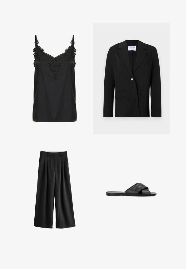 Blazer noir à un bouton avec col cranté et poches à rabat, présenté sur fond blanc.; Camisole noire avec un décolleté en V et des détails en dentelle intricats au niveau du col. Dotée de bretelles spaghetti et d'un tissu léger et fluide.; Pantalon noir à jambes larges avec plis, poches latérales, passants pour ceinture et fermeture avant propre, présenté sur fond blanc.; Sandale en cuir noir à semelle plate, arborant un design de brides croisées et une texture lisse. Style simple et minimaliste.