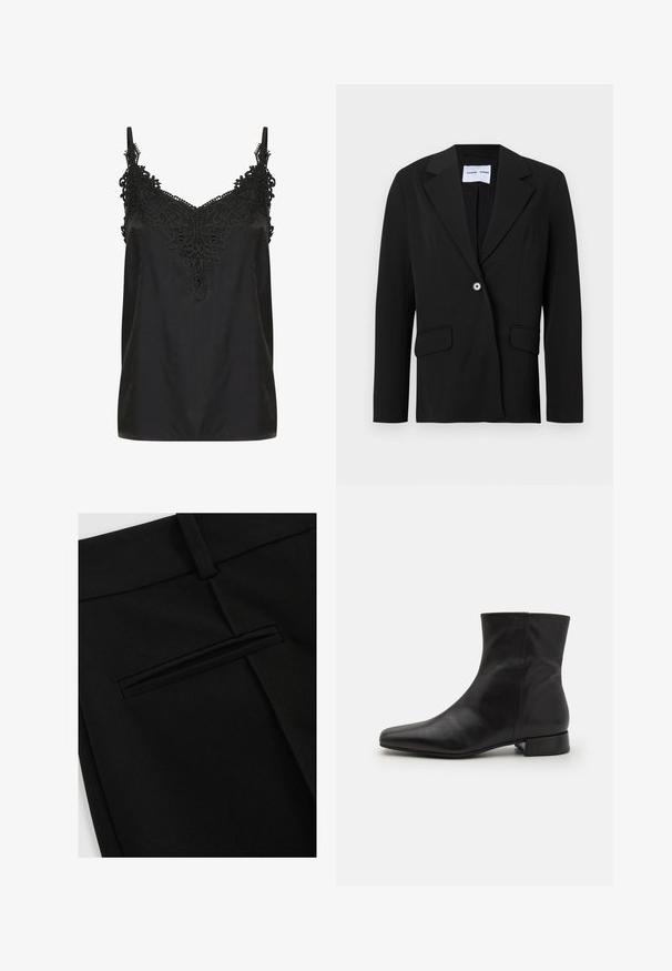 Zwarte enkelknopsblazer met inkeping reverskraag en klepzakken, getoond op een witte achtergrond.; Zwart cami-top met een v-hals en ingewikkelde kantdetails bij de halslijn. Voorzien van spaghettibandjes en een soepele, lichte stof.; Zwarte broek van gladde stof, met een vlakke voorkant en een enkele achterzak met een gleufopening.; Zwarte leren enkelboot met een spitse neus, gladde textuur, minimalistisch ontwerp en een lage blokhak. Zijrits gaat tot de enkel.