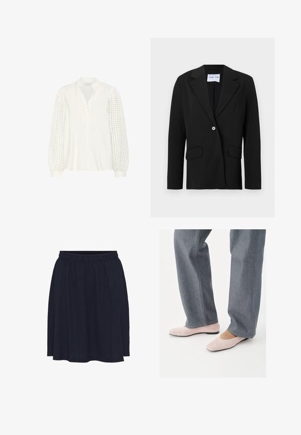 Blazer noir à un bouton avec col cranté et poches à rabat, présenté sur fond blanc.; Kaffe KATULLE - Blouse - chalk; Jupe bleu marine, longueur genou, en tissu texturé avec une taille élastique et un drapé doux, présentant une silhouette ample et sans motifs visibles.; Personne portant un pantalon en jean gris et des chaussures plates en daim rose clair, debout sur une surface blanche.