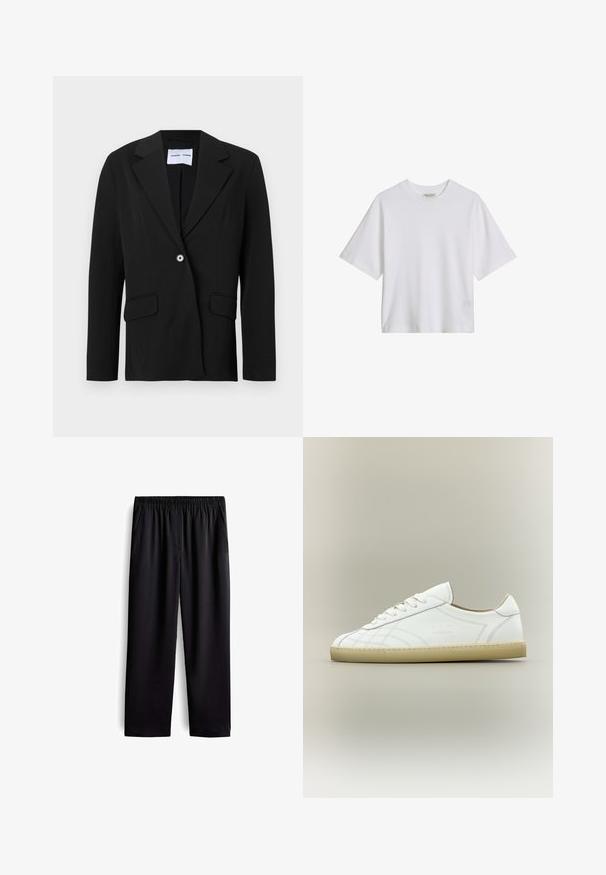 Zwarte enkelknopsblazer met inkeping reverskraag en klepzakken, getoond op een witte achtergrond.; Wit katoenen T-shirt met korte mouwen en een ronde hals, losse pasvorm, effen voorkant met zichtbare kraaglabel tegen een effen achtergrond.; Zwarte op maat gemaakte broek met een elastische tailleband, zijzakken, rechte pijpen, een gladde stofstructuur en zonder zichtbare patronen of accenten.; Witte lage leren sneaker met beige zool, vetersluiting en subtiele gestikte patronen op een neutrale achtergrond.