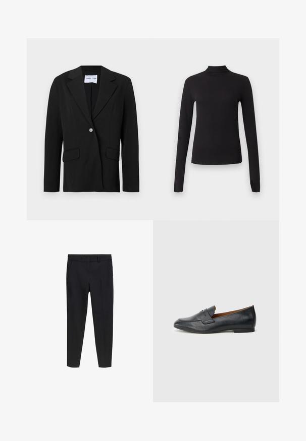 Blazer negro de un botón con solapa con muesca y bolsillos con solapa, presentado sobre fondo blanco.; Camiseta negra ajustada de manga larga con cuello alto, mostrada sobre un fondo gris claro liso.; Pantalones negros ajustados de corte slim hasta los tobillos con pasadores para cinturón y bolsillos delanteros sobre un fondo blanco.; Mocasín de cuero negro con punta redondeada, detalle sutil de costuras y tacón plano. Textura suave con una silueta sencilla.