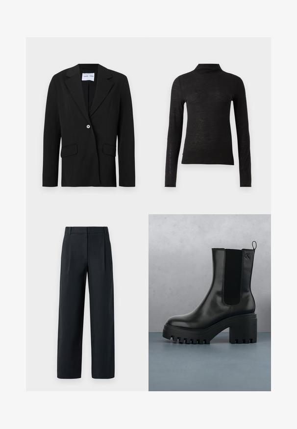 Sort enkeltknappet blazer med hakket reverskrave og klaplommer, vist på hvid baggrund.; Sort langærmet turtleneck top lavet af et struktureret materiale, med en tætsiddende pasform og minimalistisk design uden synlige mønstre eller metaldele.; Sorte skræddertræksbukser med lige ben-design, der har frontfolder, en glat tekstur og bæltestropper. Ingen synlige lommer.; Sort læder ankelstøvle med rund tå, kraftig platformssål og mesh-sidede accenter. Har en trækflig for nem påtagning.