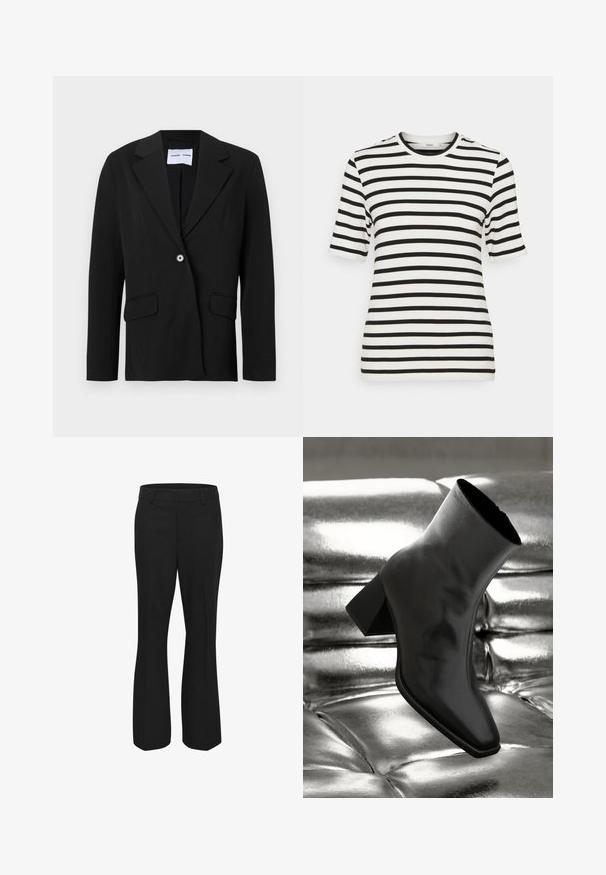 Blazer noir à un bouton avec col cranté et poches à rabat, présenté sur fond blanc.; Stylein CHAMBERS - T-shirt basique - white; Pantalons noirs en tissu lisse, présentant un design droit avec un devant plat et des poches latérales. Pas de motifs ou d'accents visibles.; Botte noire à la cheville en matériau brillant avec un bout carré et un talon effilé, sur un fond argenté brillant et capitonné.