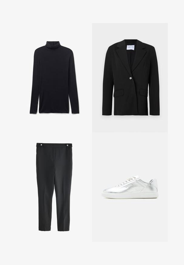 Sort enkeltknappet blazer med hakket reverskrave og klaplommer, vist på hvid baggrund.; Sort langærmet rullekrave med tætsiddende pasform og glat stof, lagt fladt på en hvid baggrund.; Sorte skræddersyede ankellange bukser med høj talje og to dekorative knapper på linningen.; Lavtskåret metallic sølv sneaker med hvid sål og snørebånd, glat tekstur og subtil præget branding på siden.