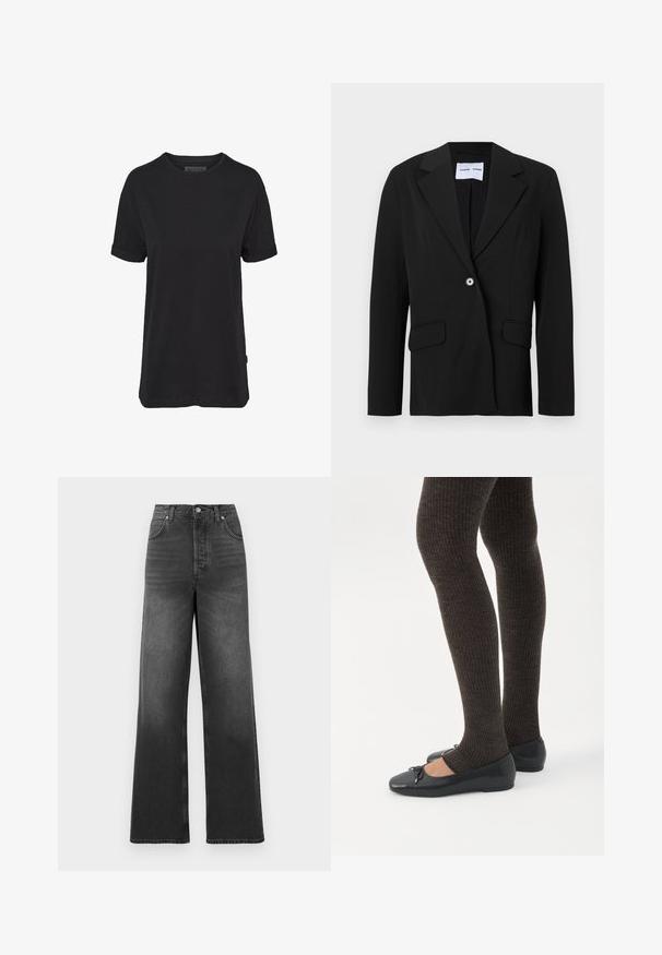 Blazer noir à un bouton avec col cranté et poches à rabat, présenté sur fond blanc.; T-shirt en coton noir à manches courtes, col rond et manches retroussées ; présente une étiquette de marque subtile sur l'ourlet latéral.; Jeans taille haute et jambes larges en denim gris foncé. Présente un design classique à cinq poches et des détails de couture au niveau de l'ourlet.; Jambes portant des leggings côtelés foncés associés à des ballerines noires avec de petits détails en nœud sur fond blanc.