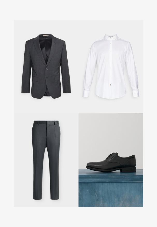 Blazer gris foncé en tissu texturé, avec un revers cranté, une fermeture à un bouton et deux poches avant.; Chemise blanche à manches longues en tissu lisse, avec un col classique, une fermeture à boutons sur le devant, et un ourlet arrondi avec un petit détail de bouton accentué.; Pantalon formel gris foncé avec passants de ceinture et plis, affiché sur un fond clair uni.; Chaussure habillée en cuir noir avec une finition brillante, bout arrondi, conception à lacets, coutures contrastantes et un petit talon en caoutchouc.