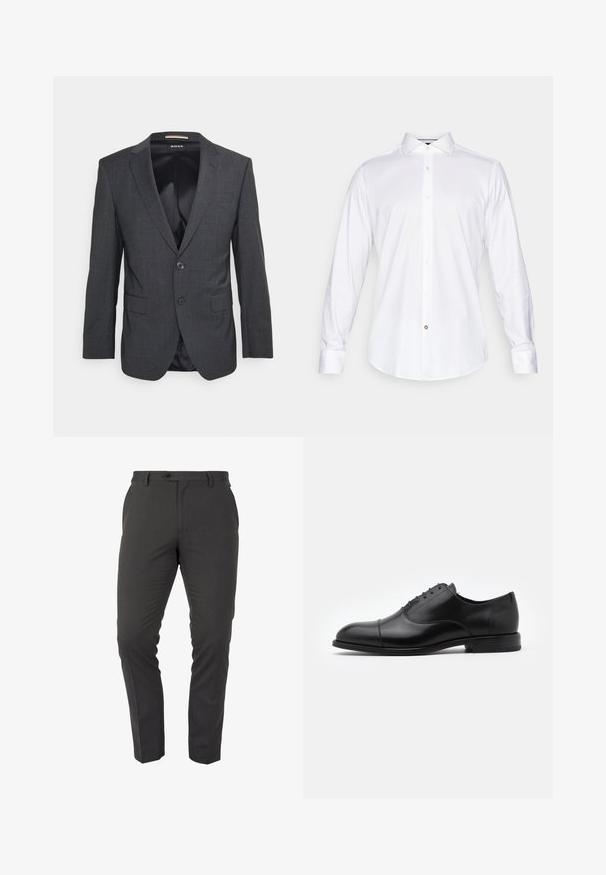 Mørkegrå blazer lavet af et tekstureret stof, med klapkrave, enkelt knaplukning og to frontlommer.; Hvid langærmet skjorte lavet af glat stof, med klassisk krave, knaplukning foran og rundet kant med en lille accentknapdetalje.; Grå skræddersyede bukser med flad front, subtil tekstur, bæltestropper og en enkelt lukning foran med knap. Slim fit design.; Sorte læderdress sko med rund tå, snørebåndsdesign og diskrete syninger. Har en lav hæl og glat tekstur.