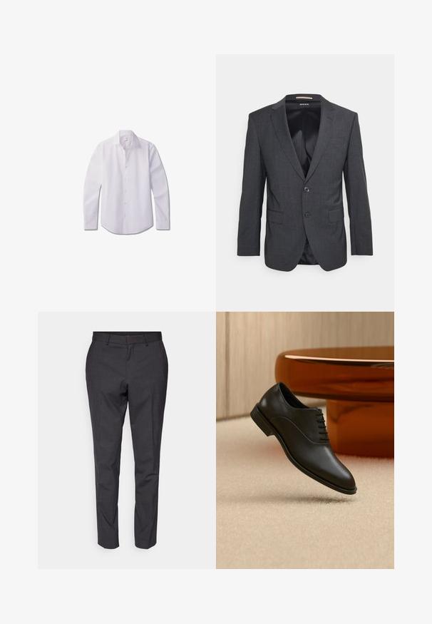 Blazer gris foncé en tissu texturé, avec un revers cranté, une fermeture à un bouton et deux poches avant.; Chemise blanche à manches longues avec boutons, en tissu lisse, dotée d'un col classique, d'une patte de boutonnage avant et d'un ourlet arrondi.; Pantalons gris ajustés avec une texture lisse, coupe slim et jambes fuselées, dotés d'un devant plat et de passants de ceinture pour plus de détail.; Chaussure de costume en cuir noir poli à lacets flottant au-dessus d’un tapis beige, avec une grande table ronde en verre de couleur ambre en arrière-plan.
