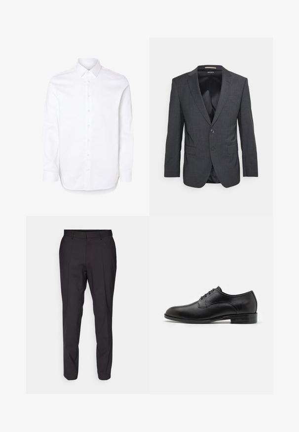 Blazer gris oscuro hecho de una tela texturizada, con solapa de muesca, cierre de un solo botón y dos bolsillos frontales.; Camisa blanca de manga larga con cuello clásico y puños abotonados.; Pantalones negros ajustados de corte recto, con un frente plano, pasadores para cinturón y una textura suave. Sin patrones ni acentos visibles.; BOSS TAYIL - Zapatos de vestir con cordones - black