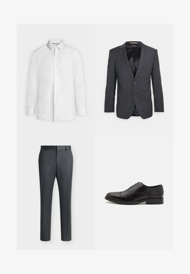 Blazer gris oscuro hecho de una tela texturizada, con solapa de muesca, cierre de un solo botón y dos bolsillos frontales.; Camisa blanca de vestir de manga larga con cuello abierto y puños abotonados, mostrada de frente sobre un fondo liso gris claro.; Pantalones formales de color gris oscuro con trabillas para cinturón y líneas de pliegue, exhibidos sobre un fondo claro y liso.; Zapato de vestir de cuero negro con punta redondeada, acabado liso y costuras sutiles. Cuenta con cordones azules y un tacón bajo apilado.