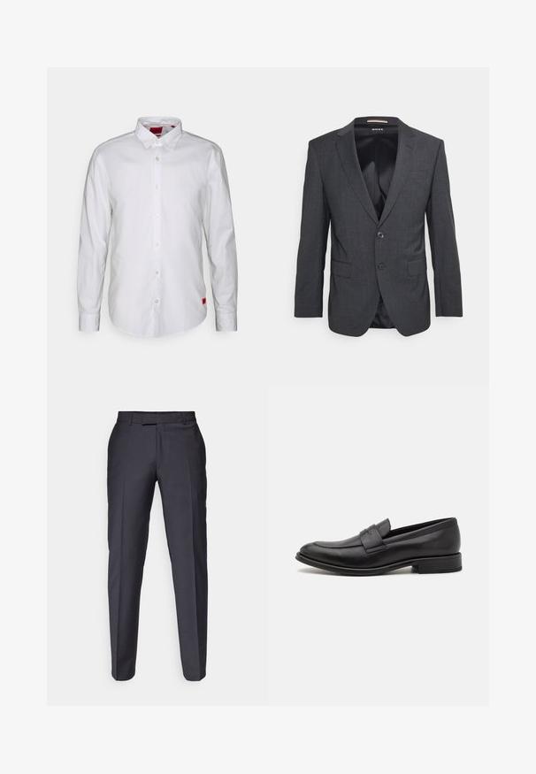 Blazer gris foncé en tissu texturé, avec un revers cranté, une fermeture à un bouton et deux poches avant.; Chemise blanche à manches longues avec un col boutonné, fabriquée en tissu léger. Présente une étiquette de marque discrète en rouge sur le bas.; Pantalons ajustés gris foncé avec une coupe droite. Présente une texture douce et des plis à l'avant. Pas de marque ni d'embellissements visibles.; Mocassin en cuir noir avec une finition lisse, une sangle décorative sur le dessus, un bout rond et un petit talon empilé.