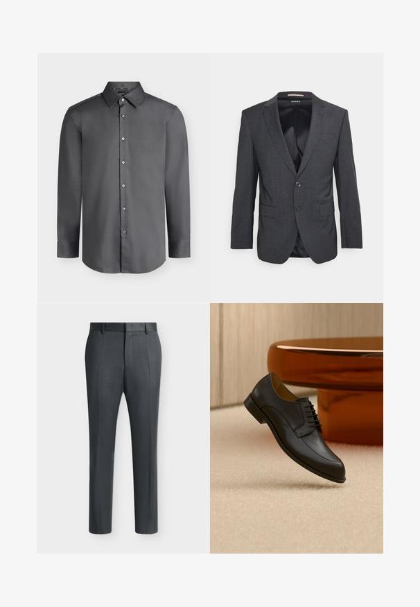 Blazer gris oscuro hecho de una tela texturizada, con solapa de muesca, cierre de un solo botón y dos bolsillos frontales.; Camisa de vestir para hombre de manga larga en gris oscuro con cuello puntiagudo y botones delanteros, mostrada sobre un fondo gris claro.; Pantalones formales de color gris oscuro con trabillas para cinturón y líneas de pliegue, exhibidos sobre un fondo claro y liso.; Zapato de vestir negro de cuero con cordones flotando sobre una alfombra beige, con una mesa redonda naranja al fondo.