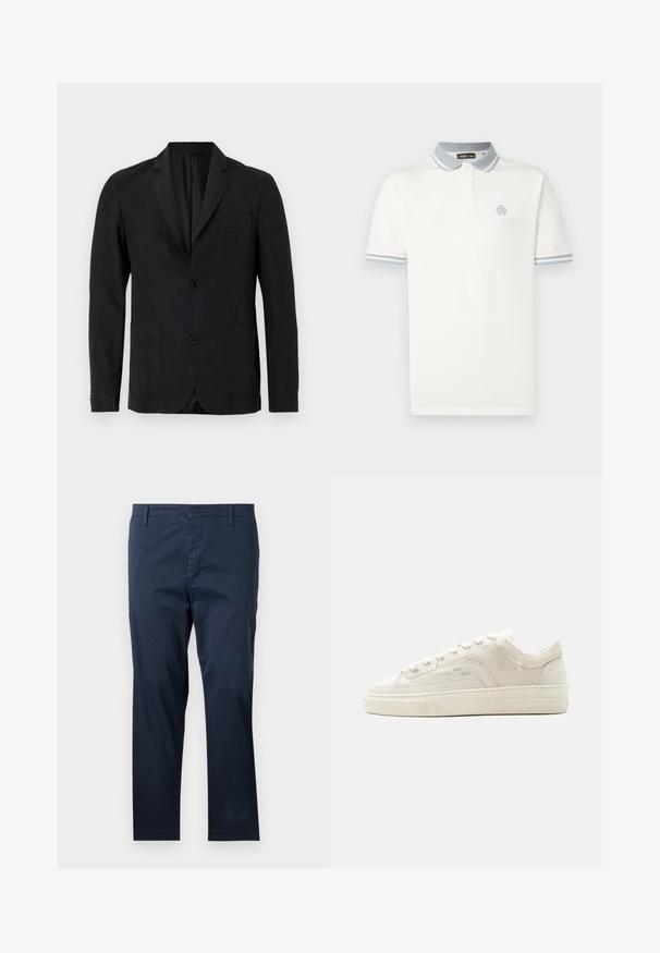 Sort blazer lavet af glat stof med notch-krave, to forlommer, enkelt knaplukning og minimalistisk design.; Hvid poloshirt lavet af bomuld, med en kontrastfuld lyseblå krave med striber, korte ærmer og et lille broderet logo på brystet.; Mørkeblå bomuldsbukser med lige snit, forsynet med bæltesløjfer og lynlås, glat tekstur og pæne kanter i bunden.; Hvid lavtop sneaker med snørelukning, tekstureret stofoverdel og tyk gummisål vist fra ydersiden på en ensfarvet baggrund.