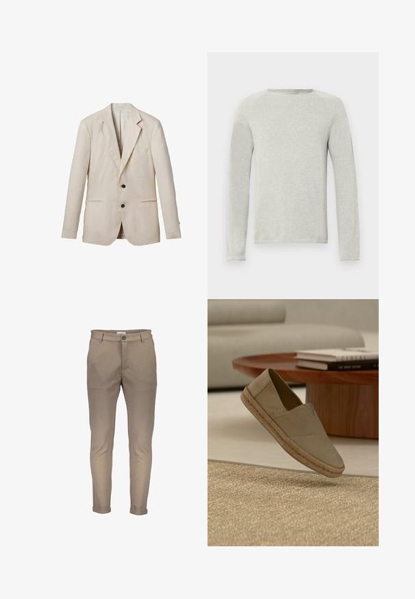 Lys beige linned blazer med klippet revers, to frontlommer, to sorte knapper og minimal dekoration. Glat, tekstureret finish.; Lys grå langærmet skjorte med rund hals, tekstureret stof og raglanærmer. Enkel design, ingen synlige logoer eller mønstre.; Beige bomuldsblanding bukser med en tætsiddende pasform, der har knaplukning, bæltestropper og opviklede manchetter. Glat tekstur med rene syninger.; Beige slip-on sko med flettet sål svæver over et struktureret tæppe, med et rundt træbord og stablede bøger i baggrunden.
