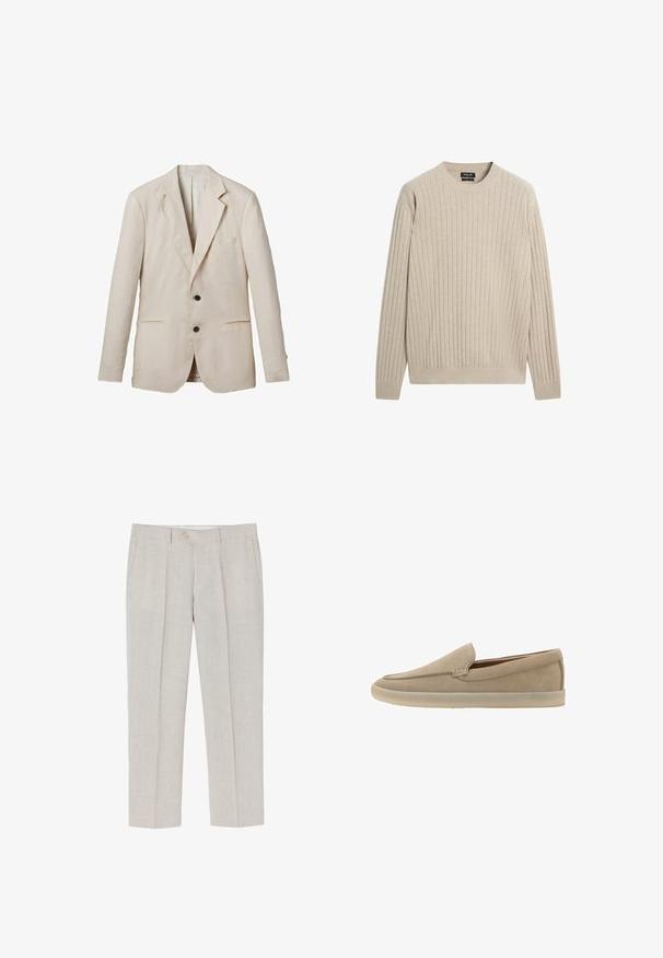 Blazer en lin beige clair avec un revers cranté, deux poches avant, deux boutons noirs et des détails minimes. Fini lisse et texturé.; Pull beige en tricot côtelé à manches longues avec col rond et poignets ajustés, posé à plat sur fond blanc.; Pantalons en lin beige clair avec une coupe droite, une texture subtile, deux poches avant et une fermeture à un bouton à la taille.; Mocassin beige en daim à enfiler, semelle en caoutchouc clair, petit talon et coutures discrètes le long du bord supérieur.