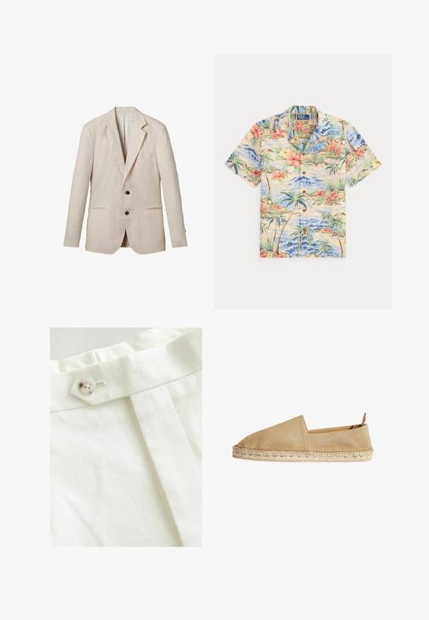 Lys beige linned blazer med klippet revers, to frontlommer, to sorte knapper og minimal dekoration. Glat, tekstureret finish.; Kortærmet skjorte med knapper og et tropisk print med palmer, røde og gule blomster og blå havbølger på en lys baggrund.; Hvidt stof med en glat tekstur, der har en enkelt knaplukning, et plisseret design og pæne syninger.; Scarosso Espadrilles - beige suede