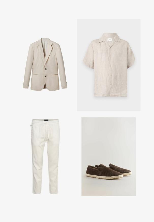 Helles beige Leinenblazer mit Reverskragen, zwei Fronttaschen, zwei schwarzen Knöpfen und minimaler Detailgestaltung. Glatte, strukturierte Oberfläche.; Beiges kurzärmeliges Leinenhemd mit Kragen und vorderen Knöpfen, mit einem sichtbaren weißen Etikett innen im Kragen mit der Aufschrift „NN.07“.; Weiße, leichte Baumwoll-Jogginghosen mit elastischem Bund, Kordelzug und lockerer Passform. Glatte Textur ohne Muster oder Verzierungen.; Next REGULAR FIT - Espadrille - brown