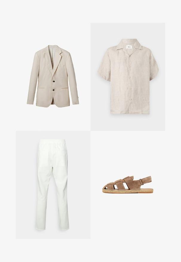 Blazer de lino beige claro con solapa de muesca, dos bolsillos delanteros, dos botones negros y un acabado minimalista. Superficie suave y texturizada.; Camisa de lino beige de manga corta con cuello y botones delanteros, con una etiqueta blanca visible dentro del cuello que dice "NN.07".; Pantalones blancos de algodón con cintura elástica, corte recto, dos bolsillos traseros y textura lisa y mate.; Sandalia de ante marrón con tiras anchas, punta abierta, tira trasera de sujeción y suela de yute trenzado sobre una suela exterior plana de goma.