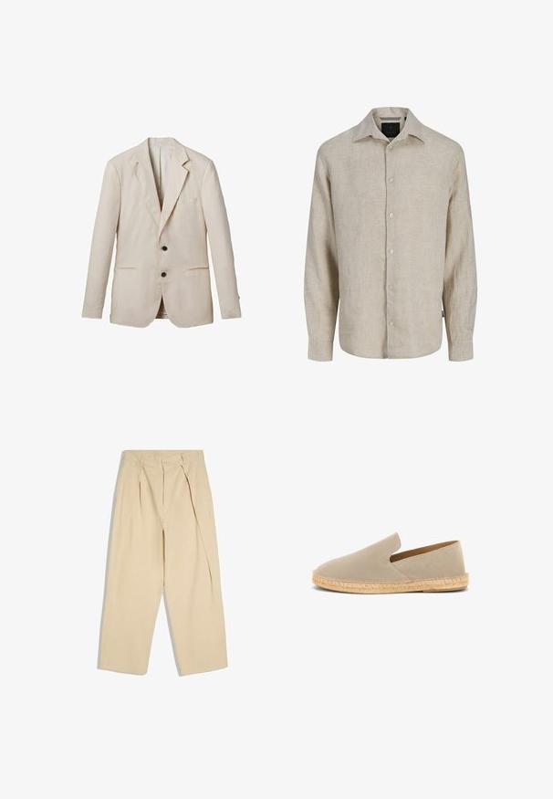 Lys beige linned blazer med klippet revers, to frontlommer, to sorte knapper og minimal dekoration. Glat, tekstureret finish.; Beige linned skjorte med lange ærmer, krave og knaplukning foran, vist på en ensfarvet hvid baggrund.; Beige bukser med høj talje, plisseringer foran, knap- og lynlås lukning og brede, lige ben.; Beige ruskind espadrille med elastisk skaft, jutesnoet sål og lav hæl, set fra siden på hvid baggrund.