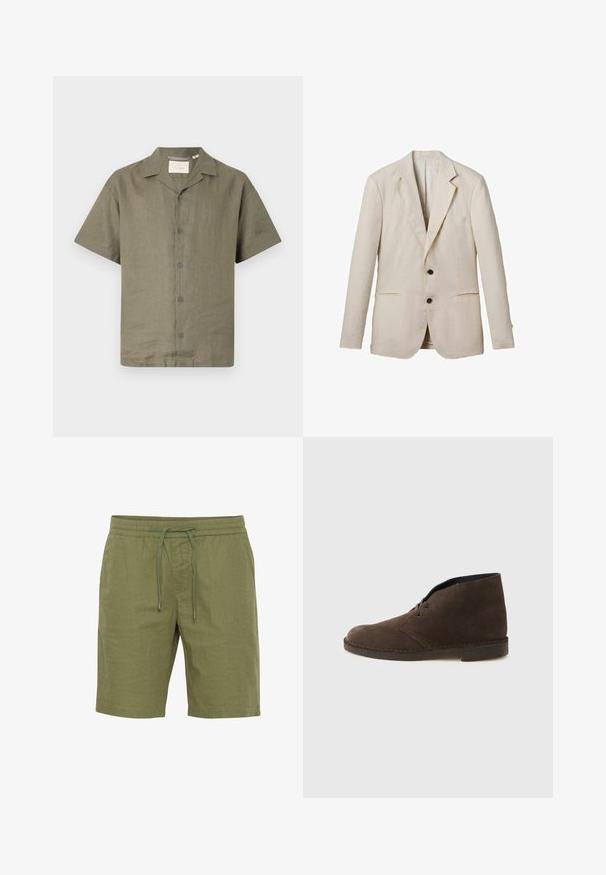 Heled beige linane bleiser, millel on nurgelised kraed, kaks eesmist taskut, kaks musta nuppu ja minimaalne detailide arv. Sile, tekstureeritud pind.; Lühikeste varrukatega shirt oliivroheline linane kangas, millel on lahtine krae ja kuus sobivat nööpi ees, esitleb lõdvat istuvust ja tekstuurset kangast.; Oliivrohelised linased lühikesed püksid, millel on elastne vöökoht, reguleeritav nöör ja küljetaskud. Kerge ja hingav kangas.; Pruun seemisnahast pahkluu saabaste paar kahe silmusega, madal konts ja õmmeldud tallaga, taustal helehall ühtlane pind.