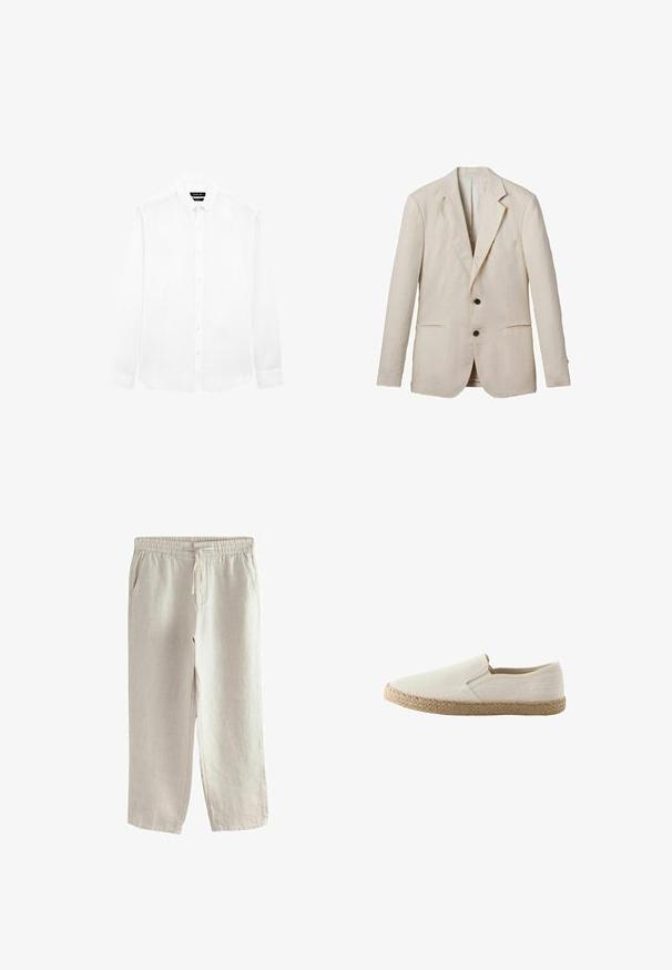 Licht beige linnen blazer met een notch-lapel, twee voorzakken, twee zwarte knopen en minimale details. Gladde, textuurafwerking.; Wit overhemd met lange mouwen, button-down kraag en knopen aan de voorkant, plat gelegd tegen een witte achtergrond.; Lichtbeige linnen broek met elastische tailleband, aantrekkoord, zijzakken en rechte pijpen.; Beige instapschoen met geweven jute zool en effen stoffen bovenkant, zijaanzicht op witte achtergrond.