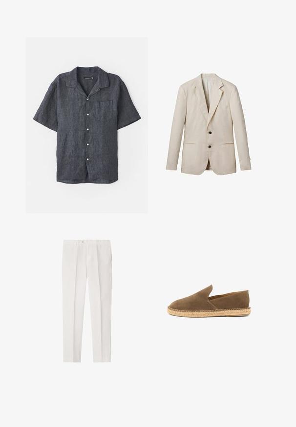 Lys beige linned blazer med klippet revers, to frontlommer, to sorte knapper og minimal dekoration. Glat, tekstureret finish.; Kortærmet skjorte i antracit lin med afslappet krave, frontlomme og hvide knapper. Glat tekstur med subtile stofvariationer.; Hvide, skræddersyede, herrebukser med lige ben, sidelommer og knaplukning på en ensfarvet baggrund.; Brun ruskinds slip-on espadrille med flettet jutesål og lavtskårne sider, designet til afslappet brug.