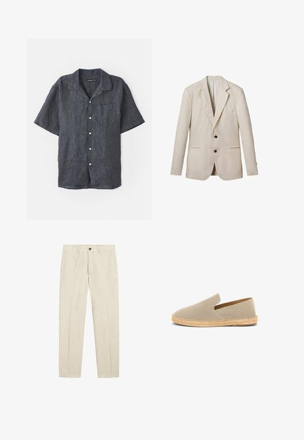 Lys beige linned blazer med klippet revers, to frontlommer, to sorte knapper og minimal dekoration. Glat, tekstureret finish.; Kortærmet skjorte i antracit lin med afslappet krave, frontlomme og hvide knapper. Glat tekstur med subtile stofvariationer.; Beige linnedbukser med knap- og lynlås, sidelommer, bæltestropper og lige ben.; Beige ruskind espadrille med elastisk skaft, jutesnoet sål og lav hæl, set fra siden på hvid baggrund.