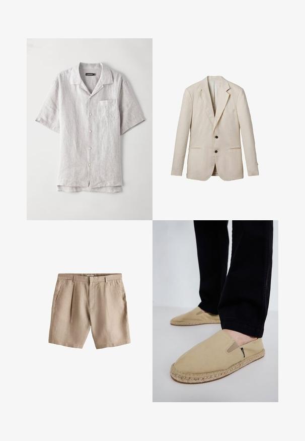 Lys beige linned blazer med klippet revers, to frontlommer, to sorte knapper og minimal dekoration. Glat, tekstureret finish.; Kortærmet, lys grå linskjorte med spids krave, brystlomme og fire knapper ned langs midten. Glat tekstur, afslappet pasform.; Beige linnedshorts med bæltestropper, forreste læg, sidelommer og foran lynlås.; Beige lærred slip-on sko med elastisk goring, jute reb-sål og kontrasterende syninger. Båret med sorte tapered bukser.