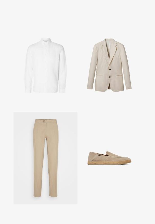 Helles beige Leinenblazer mit Reverskragen, zwei Fronttaschen, zwei schwarzen Knöpfen und minimaler Detailgestaltung. Glatte, strukturierte Oberfläche.; Weißes Langarmhemd aus Leinen mit Button-Down-Kragen, vorderen Knöpfen und einer lässigen Passform mit geraden Manschetten.; Beige Hosen aus Leinen mit geradem Bein, ausgestattet mit einem Knopfverschluss, Gürtelschlaufen und glatter Textur.; Beige Slip-On mit Wildleder-Obermaterial und strukturierter gewebter Sohle, mit kleinem Stoff-Logoetikett an der Seite nahe der Ferse.