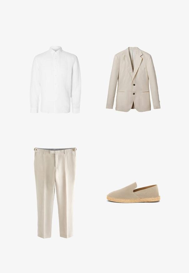 Helles beige Leinenblazer mit Reverskragen, zwei Fronttaschen, zwei schwarzen Knöpfen und minimaler Detailgestaltung. Glatte, strukturierte Oberfläche.; Weißes Langarmhemd aus Leinen mit Button-Down-Kragen, vorderen Knöpfen und einer lässigen Passform mit geraden Manschetten.; Beige maßgeschneiderte Hose mit Gürtelschlaufen, Frontreißverschluss und zwei Seitentaschen aus leichtem Stoff.; Beige Wildleder-Espadrille zum Hineinschlüpfen mit juteumwickelter Sohle und niedrigem Absatz, Seitenansicht auf weißem Hintergrund.
