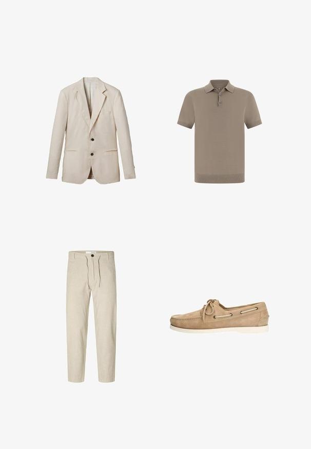 Blazer en lin beige clair avec un revers cranté, deux poches avant, deux boutons noirs et des détails minimes. Fini lisse et texturé.; Polo couleur taupe avec une finition texturée, manches courtes et col. Comprend une patte de boutonnage à trois boutons et des poignets côtelés.; Selected Slim Tapered Linen Blend - Pantalon classique - vetiver; Chaussure bateau en suède beige avec un bout rond, une semelle extérieure en caoutchouc blanche, un design à lacets et des œillets contrastants sur les côtés.