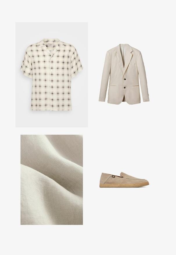 Blazer en lin beige clair avec un revers cranté, deux poches avant, deux boutons noirs et des détails minimes. Fini lisse et texturé.; Chemise à manches courtes à boutonner de couleur crème claire avec un motif écossais noir et gris, équipée d'un col campagnard et d'une poche poitrine unique.; Tissu en lin beige clair avec une surface texturée, présentant des drapés doux et fluides ainsi qu'un motif de tissage fin.; Chaussure beige à enfiler avec dessus en daim et semelle tissée texturée, avec une petite étiquette logo en tissu sur le côté près du talon.