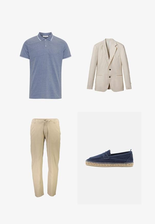 Licht beige linnen blazer met een notch-lapel, twee voorzakken, twee zwarte knopen en minimale details. Gladde, textuurafwerking.; Lichtblauw polo shirt van textuurstof, met een gebuttonneerde kraag, contrasterende witte bies op de kraag en mouwen, en een klein logo.; Lichte beige linnen broek met een elastische tailleband en trekkoord. Rechte pasvorm met minimale naden en geen zichtbare zakken.; Marine canvas instap-schoen met een jute zool, voorzien van een rechte, langwerpige neus en een decoratieve gestikte accent langs de rand.