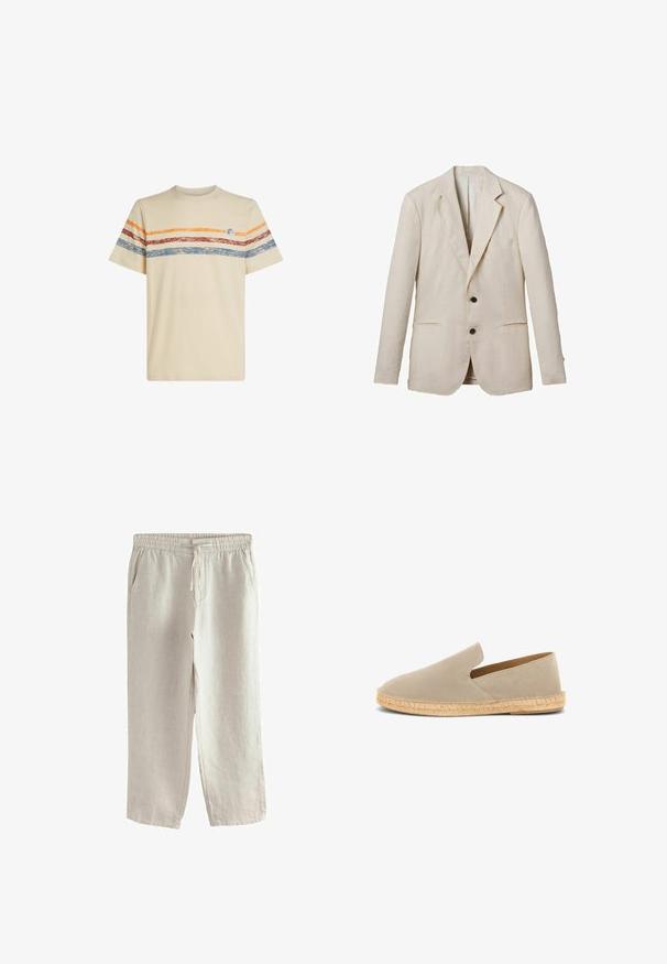 Licht beige linnen blazer met een notch-lapel, twee voorzakken, twee zwarte knopen en minimale details. Gladde, textuurafwerking.; Crème katoenen t-shirt met horizontale strepen in oranje, rood en blauw. Korte mouwen, ronde halslijn en een klein logo detail op de borst.; Lichtbeige linnen broek met elastische tailleband, aantrekkoord, zijzakken en rechte pijpen.; Beige suède instap-espadrille met een zool omwikkeld met jute en een lage hak, zijaanzicht op een witte achtergrond.