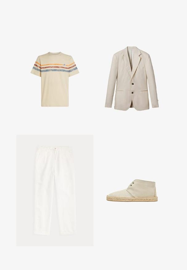Lys beige linned blazer med klippet revers, to frontlommer, to sorte knapper og minimal dekoration. Glat, tekstureret finish.; Cremefarvet bomulds t-shirt med horisontale striber i orange, rød og blå. Korte ærmer, rund halsudskæring og lille logo-detail på brystet.; Hvide afslappede bukser med snøre i taljen og sidelommer, vist fladt på en lys baggrund.; Beige ruskinds ankelstøvler med to snørehuller, vævet jutesål og orange syninger ved hælen. Glat overflade og rund tå.