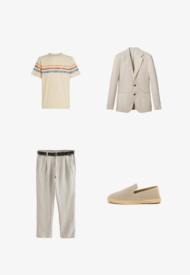 Helles beige Leinenblazer mit Reverskragen, zwei Fronttaschen, zwei schwarzen Knöpfen und minimaler Detailgestaltung. Glatte, strukturierte Oberfläche.; Cremfarbendes Baumwoll-T-Shirt mit horizontalen Streifen in Orange, Rot und Blau. Kurzärmlig, mit rundem Ausschnitt und kleinem Logodetail auf der Brust.; Beige Leinenhose mit plissiertem Vorderteil, Seitentaschen und einem dunkelbraunen gewebten Ledergürtel mit silberner Schnalle.; Beige Wildleder-Espadrille zum Hineinschlüpfen mit juteumwickelter Sohle und niedrigem Absatz, Seitenansicht auf weißem Hintergrund.