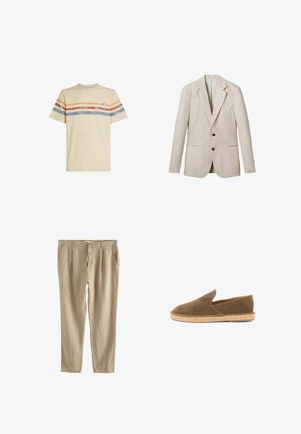 Lys beige linned blazer med klippet revers, to frontlommer, to sorte knapper og minimal dekoration. Glat, tekstureret finish.; Cremefarvet bomulds t-shirt med horisontale striber i orange, rød og blå. Korte ærmer, rund halsudskæring og lille logo-detail på brystet.; Beige hør afslappede bukser med snøre i taljen, sidelommer og en afslappet lige ben pasform.; Brun ruskinds slip-on espadrille med flettet jutesål og lavtskårne sider, designet til afslappet brug.
