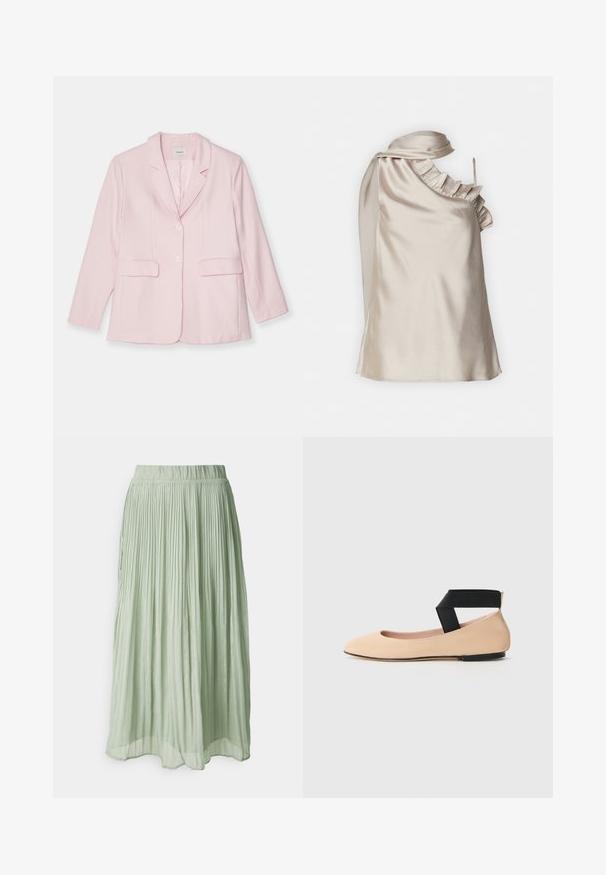 Roze blazer van lichtgewicht stof, met een notch-kraag, enkele knoopsluiting, twee voorkantzakken en lange mouwen.; Lichtbeige satijnen top met een gerimpelde halslijn en een enkele schouderband, met een gladde textuur en een asymmetrisch ontwerp.; Geplooide midi rok van lichtgroene stof met een zachte textuur. Elastische tailleband, vloeiende uitstraling en subtiele glans overal.; Beige leren balletschoenen met een spitse neus en een zwarte band rond de enkel, met een gladde textuur en een minimalistisch ontwerp.