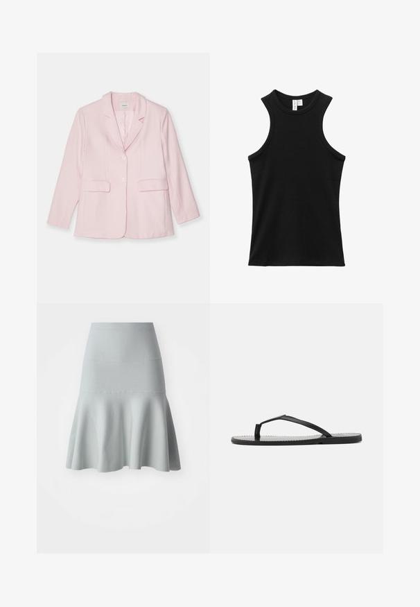 Roze blazer van lichtgewicht stof, met een notch-kraag, enkele knoopsluiting, twee voorkantzakken en lange mouwen.; Zwarte mouwloze geribbelde tanktop met hoge ronde halslijn en lichtelijk racerback-stijl armsgaten.; Lichtblauwe uitlopende rok van een textuurstof. Heeft een aansluitende tailleband en een zachte, golvende zoom. Eenvoudig ontwerp zonder patronen.; Zwarte teenslippers met een minimalistisch ontwerp, voorzien van dunne banden en een platte zool. Het materiaal lijkt op plastic met een gladde textuur.