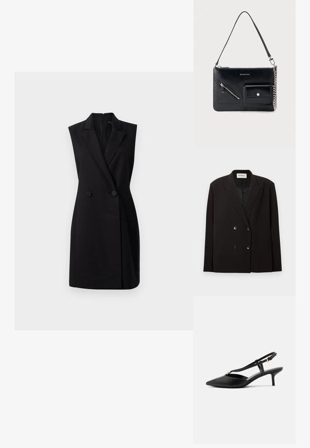 Schwarzer, doppelt geknöpfter Blazer mit Reverskragen, vier vorderen Knöpfen, seitlichen Taschen und einem Rodebjer-Label im Innenkragen.; Schwarzes ärmelloses Blazerkleid mit taillierter Passform, doppelter Knopfleiste und glatter Textur. Verfügt über einen Reißverschluss auf der Rückseite für ein einfaches Anziehen.; Schwarzer Leder-Slingback-Kitten-Heel mit spitz zulaufender Spitze, schlankem T-Riemen, verstellbarer Schnalle und kleiner goldener Verzierung am Riemen.; Schwarze Michael Kors Leder-Umhängetasche mit oberem Reißverschluss, diagonalem Reißverschlussfach vorne, Klappentasche mit Druckknopf und silbernem Kettendetail.