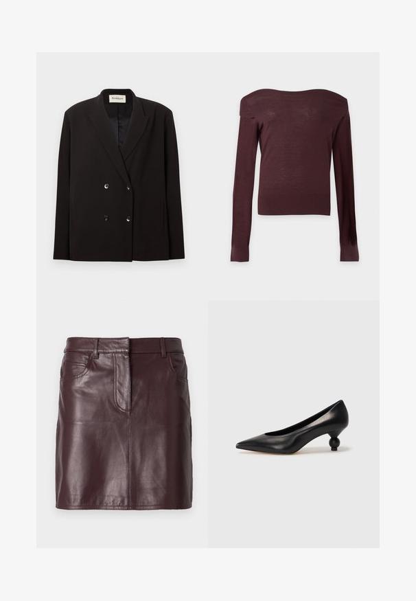 Blazer noir croisé à revers à encoche, quatre boutons sur le devant, poches latérales, et une étiquette Rodebjer à l'intérieur du col.; Pull moulant marron foncé à épaules dénudées, manches longues, avec poignets et ourlet côtelés sur un fond clair uni.; Mini-jupe en cuir bordeaux à texture lisse, avec poches frontales et passants pour ceinture. Présente des lignes épurées et un design simple.; Chaussure à talon haut en cuir noir avec un bout pointu et un talon arrondi. Texture lisse avec un design épuré et minimal.