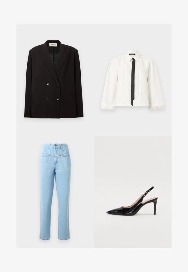 Zwarte dubbelgeknoopte blazer met omgeslagen revers, vier knopen aan de voorkant, zijzakken en een Rodebjer-label aan de binnenkant van de kraag.; Witte blouse met lange mouwen, plooien, kanten manchetten, een smalle zwarte stropdas en een puntige kraag op een effen achtergrond.; Hoge taille lichtblauwe denim jeans met voorzakken, knoop- en ritssluiting en rechte pijpen.; Zwarte gepatineerde leren slingback pump met een puntige neus, slanke hak en een subtiel uitgesneden ontwerp. Bevat een gouden gesp op de band.