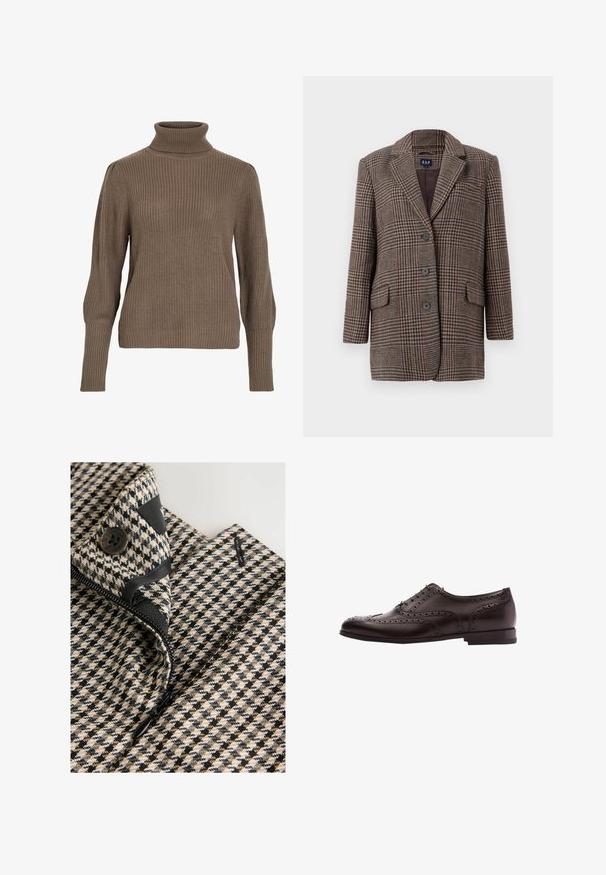 Brun og beige houndstooth-checket blazer med tre knapper, to forlommer med klap og krave med hak, hængende mod en hvid baggrund.; Brun ribbet strikket sweater med høj krave og tætsiddende ærmer, der har en tekstureret overflade og en afslappet pasform.; Close-up af et beige, sort og hvid hundetandsmønstret beklædningsstykke med en sort knap og delvist åben sort lynlås.; Brune læder dress sko med brogue-detaljer, snørebånds lukning, rund tå og en lav stablet hæl. Poleret finish og indviklede perforeringer.