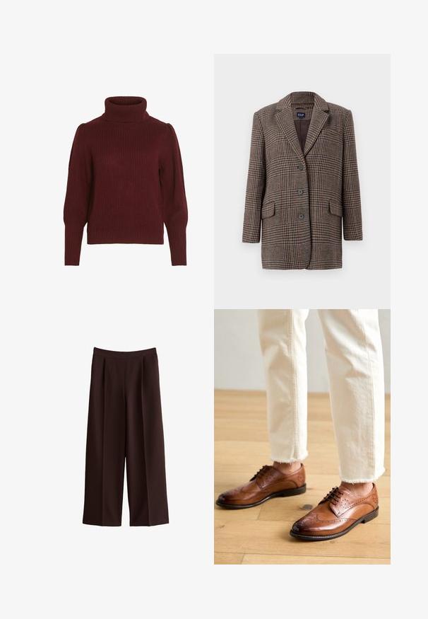 Blazer de cuadro de houndstooth marrón y beige con tres botones, dos bolsillos frontales con solapa y cuello con muesca, colgado sobre un fondo blanco.; Suéter de punto burdeos con cuello alto, textura acanalada, mangas largas y detalles fruncidos en los hombros.; Pantalones marrones de pierna ancha que presentan una tela suave y ligera con detalles de pliegues y una cinturilla elástica para mayor comodidad.; Zapatos brogue de cuero marrón con detalles perforados, punta redondeada y un acabado suave, combinados con pantalones de color crema con dobladillo desflecado.