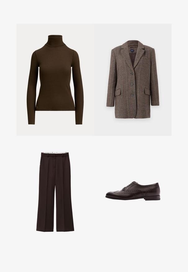 Blazer de cuadro de houndstooth marrón y beige con tres botones, dos bolsillos frontales con solapa y cuello con muesca, colgado sobre un fondo blanco.; Jersey de cuello alto acanalado de manga larga en marrón oscuro con silueta ajustada y pequeño logo cerca del dobladillo inferior en el lado frontal izquierdo.; Pantalones de pierna ancha en tela marrón oscuro, con cintura alta, pinzas dobles y bolsillos laterales. Textura suave con pasadores para cinturón.; Zapato de vestir de cuero marrón con detalles de brogue, cierre con cordones, puntera redondeada y un tacón bajo apilado. Acabado pulido y perforaciones intrincadas.
