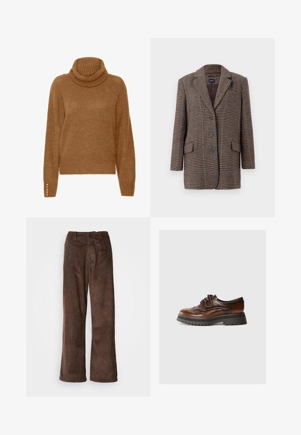 Brun og beige houndstooth-checket blazer med tre knapper, to forlommer med klap og krave med hak, hængende mod en hvid baggrund.; Brun turtleneck trøje med en blød, struktureret overflade og lange ærmer. Har perle-lignende detaljer på manchetterne.; Brune fløjl bukser med en bred benudskæring, der har lodrette ribber og en talje. Stoffet har et blødt, tekstureret udseende.; Brune læder snørebåndssko med brogue-detaljer, gummisål og kontrasterende sort tekstureret platform. Glat finish med klassisk design.