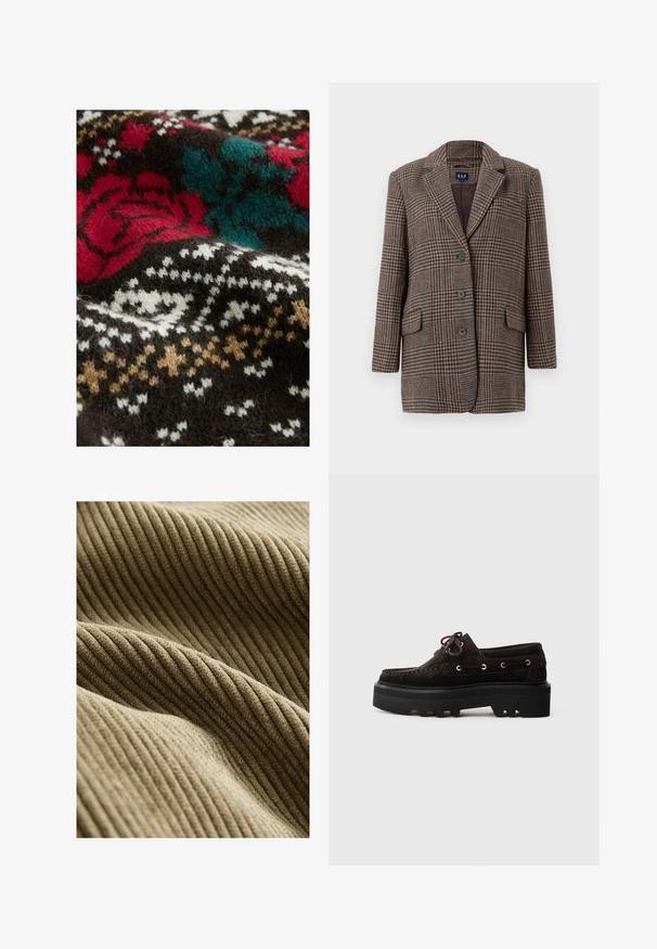 Hnedo-bežový houndstooth károvaný blejzr s tromi gombíkmi, dvoma prednými vreckami s klopou a výstrihom s notch, visieť na bielom pozadí.; Pletene textílie so tmavohnedým základom, na ktorom sa nachádzajú červené, tyrkysové a biele kvetinové a geometrické vzory. Mäkkučká, chĺpkatá textúra je viditeľná po celom povrchu.; Hnedá rebrovaná tkanina s jemným, textúrovaným povrchom, na ktorom sú zobrazené vertikálne pruhy, vytvárajúce hĺbku s malými odchýlkami vo farbe.; Tmavo hnedá semišová topánka s robustnou čiernou platformou. Disponuje šnurovaním, kovovými očkami a prešitým dizajnom špičky. Bočný pohľad.