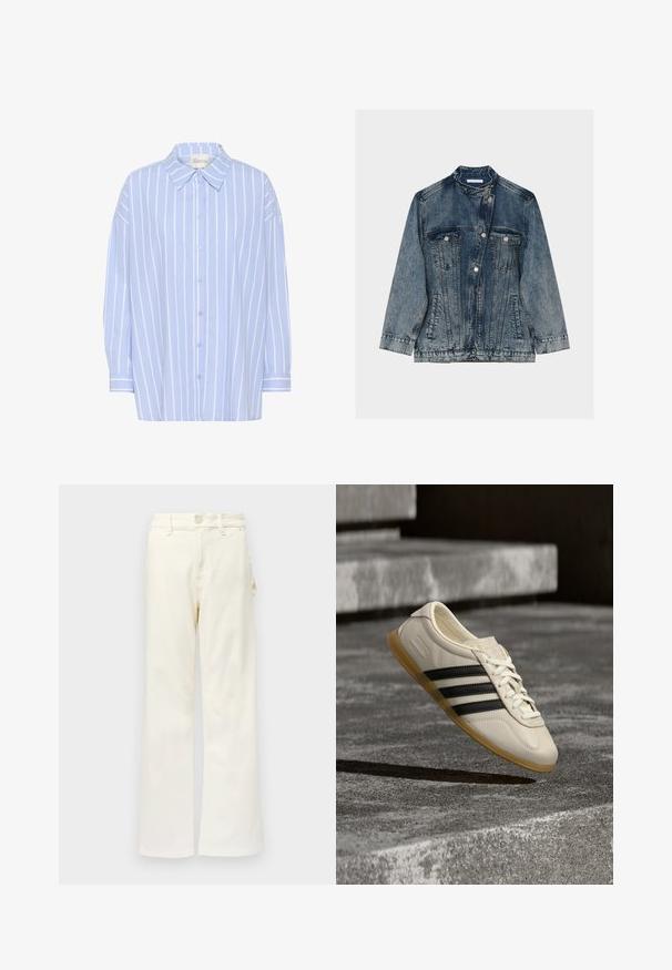 Denimjakke med falmet vask, høj krave, asymmetrisk front med trykknapper, to brystlommer med klap og to sidelommer.; Lyseblå skjorte med knapper og hvide lodrette striber, med spidse kraver, lange ærmer og en afslappet pasform. Blødt bomuldsstof.; Good American GOOD 90S CARPENTER - Wide leg - white denim; Hvid sneaker med sorte striber og gummisål svæver over betontrapper i blødt dagslys.