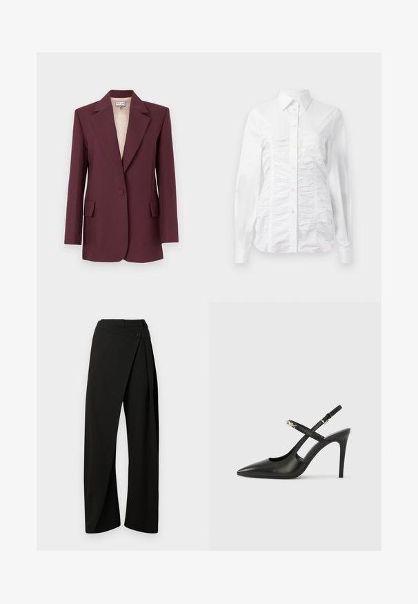 Blazer burdeos a medida con solapas con muesca, cierre de un solo botón, dos bolsillos delanteros y un forro liso beige.; Camisa blanca de botones con mangas largas, que presenta una textura fruncida en la parte delantera, pequeños botones dorados y un cuello estándar.; Pantalones negros de pierna ancha con un panel envolvente en el frente y un cierre de botón en la cintura, mostrados sobre un fondo blanco.; Tacones altos slingback de cuero negro con punta afilada, diseño con recortes y correa ajustable con herrajes metálicos.